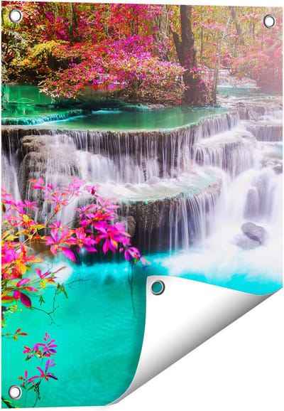 Gards Tuinposter Waterval in de Herfst met Kleurrijke Bloemen - 40x50 cm - Tuindoek - Tuindecoratie - Wanddecoratie buiten - Tuinschilderij