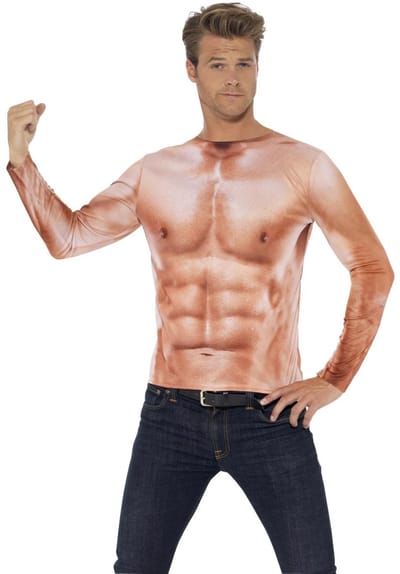 Smiffys Gespierde man T-shirt - heren - six pack - lange mouwen - carnaval 48/50