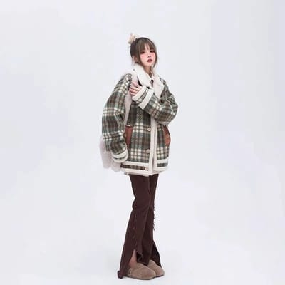 Veste Rétro Imitation Laine d'Agneau Design Hiver Nouveau Style Court Imprimé Ample Laine d'Agneau Femmes 2XL vert