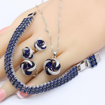 Ensembles de Bijoux de Mariée Colorés Pour Femmes Bracelet en Cristal Rond Bleu Foncé Boucles d'Oreilles Puces Collier Pendentif Bagues Boîte Cadeau Gratuite Blue&10 beige