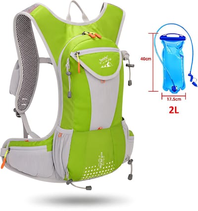 CarryQuest® - 2L Hydratatie Fietsrugzak - Ultralichte Polyester Hardlooprugzak met 2L Waterzak, Drinksysteem, Rugventilatie & Front-/Toploader - 48x22x22 cm - Groen