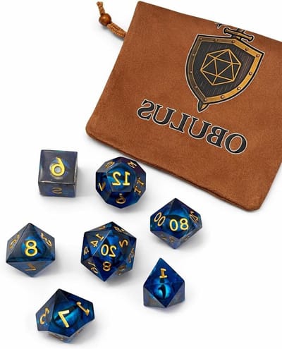 Set van 7 veelvlakkige dobbelstenen met fluwelen zakje - DND, Pathfinder, JDR - D4, D6, D8, D10, D12, D20 en D%