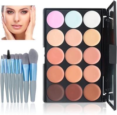 Kleurcorrectie Make-up Palet met 15 Crème Tinten en 8 Make-up Kwasten voor een Egale Huidteint en Perfecte Afwerking