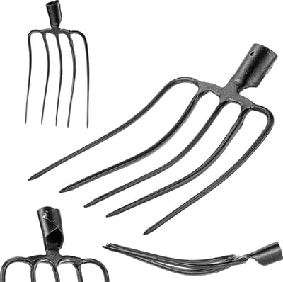 KADAX Steenvork zonder steel, aardappelvork van staal, raapvork, draadvork, aardappelvork, spatvork, mestvork, hooivork, grafvork (zwart 5 tanden)