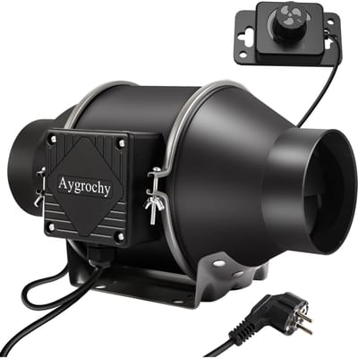 Aygrochy verstelbare kanaalventilator 100 mm, afzuigventilator 363 m³/u, EC-motor kanaalventilator met EU-stekker, voor kelder, garage, keuken