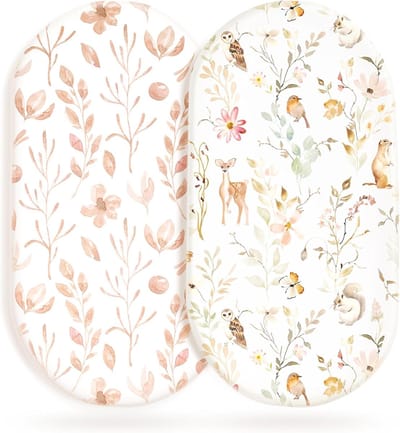 2 Stuks - Wiegmolton Hoeslaken - Ultra Zacht Jersey Katoen - Universele Pasvorm - voor Ovaal Rond en Rechthoekig Matras - 82x41 cm - Bloemen en Dieren Print