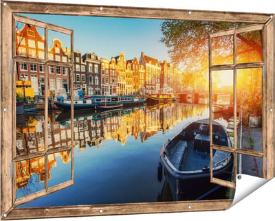 Gards Tuinposter Doorkijk Amsterdamse Gracht bij Zonsondergang - 150x100 cm - Tuindoek - Tuindecoratie - Wanddecoratie buiten - Tuinschilderij
