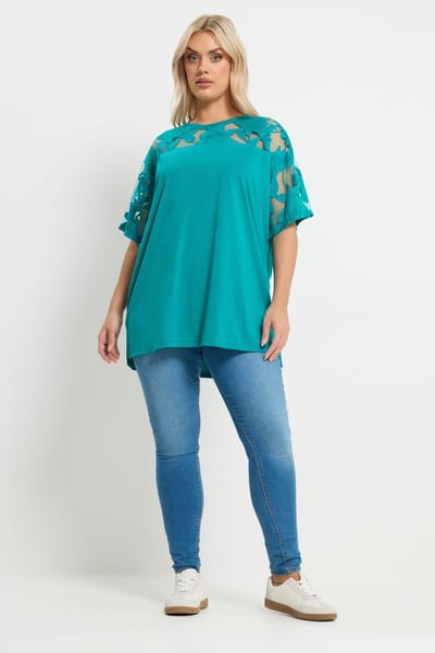 Yours Turquoise Blauwe Boxy Tshirt Met Bloemen Burnout Size 46