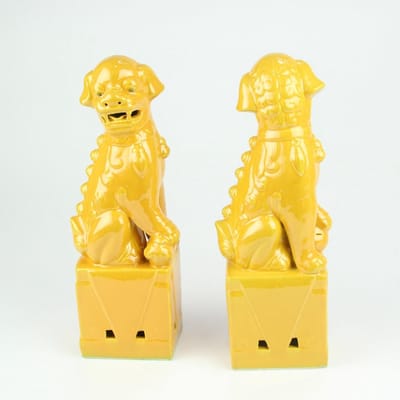 Fine Asianliving Chinese Foo Dogs Set/2 Porselein Geel Handgemaakt D10xH27cm