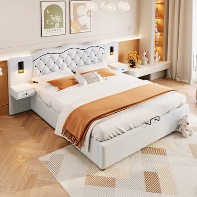 Sweiko 180*200cm Tweepersoonskamer, Plat bed, Gestoffeerd bed, Geïntegreerd hoofdbord, Hydraulisch hefmechanisme, USB-aansluiting, 2 bedlampjes, Grote opbergruimte, Beige