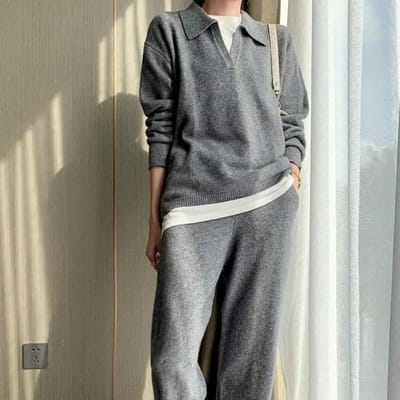 2 Pieces Set Women Knitted Pajamas Set Oversize Tracksuit Sweater Pullover Straight Pants Sweater Set Sleepwear Sweater Suit One Size gray