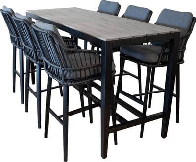 7-delige barset | 6 Isabel barstoelen Black | Cyprus bartafel 200x75cm Grey