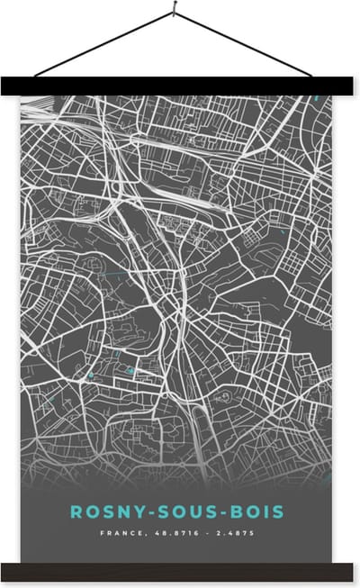 Posterhanger incl. Poster 40x60 cm - Schoolplaat - Rosny-sous-Bois - Plattegrond - Kaart - Stadskaart - Frankrijk - Textielposter - Zwarte latten - Stadskaart