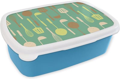 Broodtrommel Blauw - Lunchbox - Brooddoos - Spatel - Lepel - Patronen - Keuken - 18x12x6 cm - Kinderen - Jongen