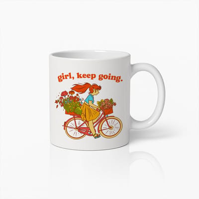 Girl Keep Going Mok 330ml – Motiverende Koffiebeker met Fiets en Bloemen Ontwerp – Inspirerend Cadeau voor Vrouwen & Positieve Energie
