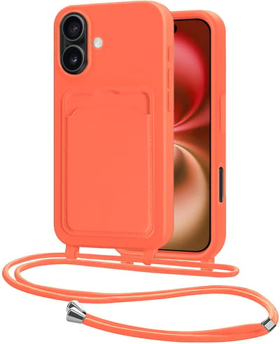 Hoes Geschikt voor iPhone 16 Plus Hoesje Pasjeshouder Cover Met Koord Case Siliconen Hoes Met Telefoonkoord en Kaarthouder - Papaya