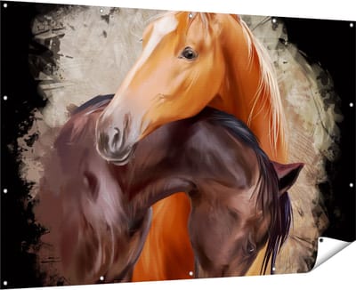 Gards Tuinposter Twee Getekende Knuffelende Paarden - Abstract - 180x120 cm - Tuindoek - Tuindecoratie - Wanddecoratie buiten - Tuinschilderij
