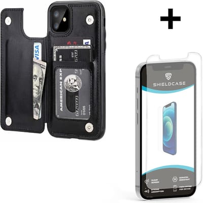 ShieldCase telefoonhoesje geschikt voor Apple iPhone 12 Mini wallet case - 5.4 inch - ruimte voor pasjes - pasjeshouder - portemonnee - zwart + glazen Screen Protector