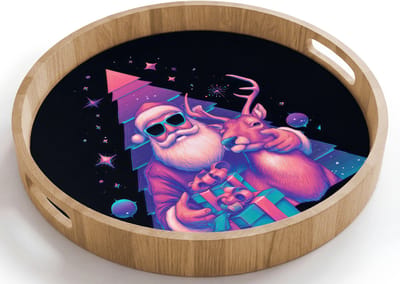 Dienblad rond 40x40 cm - Schootdienblad hout - Retro - Kerstman - Rendieren - Kerstboom - Borrelplank rechthoek - Plateau houten dienbladen