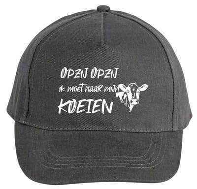 Mijncadeautje - 5 panel - Cap - Verstelbaar - Pet van 100% dik geborsteld katoen- unisex - opdruk wit - opzij opzij naar mijn koeien - chique grijs