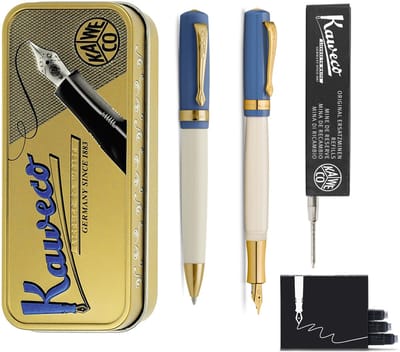 Kaweco - set - Vulpen (Medium) en Balpen - Student 50's Rock - Blauw in vintage blikje - doosje G2 Zwarte balpenvulling - doosje Vulpen inkt
