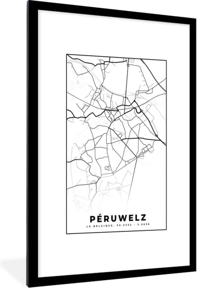 Fotolijst incl. Poster Zwart Wit- Plattegrond – Péruwelz – Zwart Wit – Stadskaart - Kaart - België - 80x120 cm - Posterlijst
