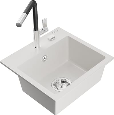 Mexen Milo granieten gootsteen 1-komor met keukenkraan Flora, wit - 6505-20-670401-07
