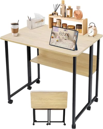 Klaptafel, bureau met plank, 80 x 58 x 75 cm, klapbureau met wielen, massief hout en koolstofstaal, ruimtebesparend, multifunctioneel, thuiskantoor, woonkamer (houtkleur)