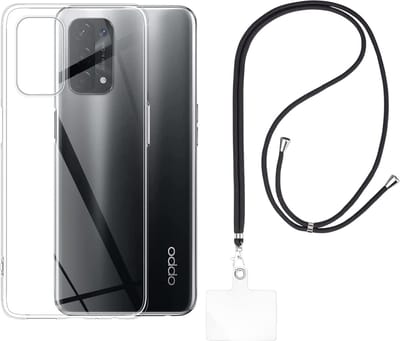Set met hoesje en nekband voor oppo a74 5g - Flexibele, transparante TPU-bescherming, verstelbare universele nekband voor mobiele telefoons, zwarte nekband, transparante draagriem van Phonillico®