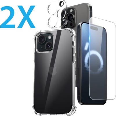 Anti -Shock Silicone hoesje transparant met Screenprotector Glas 2x en Camera lens protector 2x Geschikt voor: iPhone 16 Pro