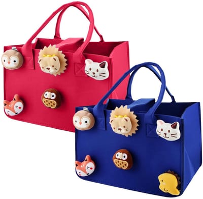 Foonary voor het opbergen van speelgoed, vilten tas, klein, 2-delige set, 30 x 20 x 18 cm, klein vilten tasje met handvat, als doe-het-zelf cadeautas en feestdag-verjaardagscadeau, blauw en rood
