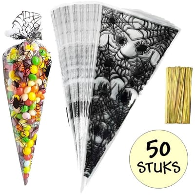 50x Cellofaan Puntzakken Spinnenweb - 34x17cm - Puntzak Halloween Spinnenwebben - Traktatie Zak - Uitdeelzak - Snoepzak - Inclusief Sluitstrips - 17x34cm - 50 Stuks