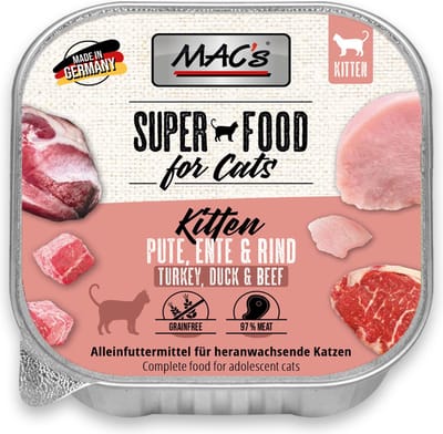 Mac’s Kittenvoer Natvoer - vlees kuipje 97% Kalkoen, eend en rund 8 x 100g