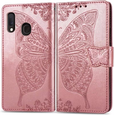 Geschikt voor Samsung Galaxy A40 Bookcase - Roze - Vlinders - Portemonnee Hoesje
