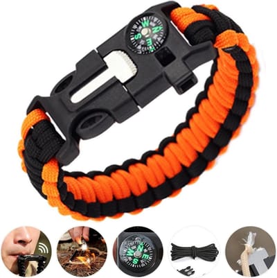 Outdoor survival Armband Oranje - 5 in 1 met Vuursteen (magnesium stick), Paracord, Kompas, Noodfluit en Schraper