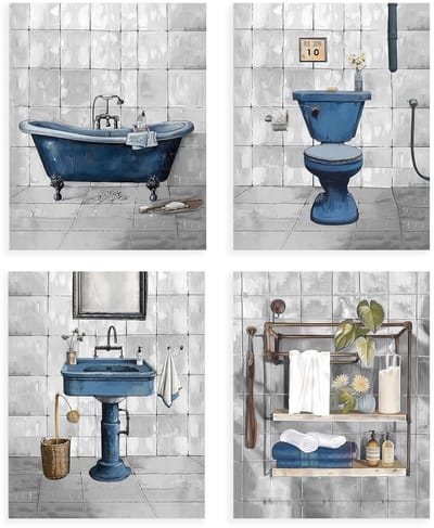 Dailygoody - Retro Blauwe Badkamer Wandkunst - Vintage Bad Schilderij Afdrukken - 8x10 inch - Esthetische Decor - Set van 4 - Geschikt voor Badkamer