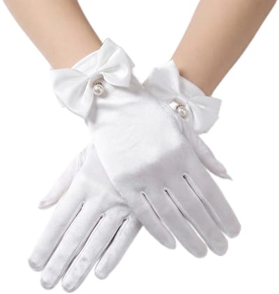 Dailygoods - 1 paar witte korte handschoenen, zijden handschoenen met parels, parelset, vlinderknoop, handschoenen, bruiloft, opera, diner, accessoires voor Kerstmis, verjaardagsfeest