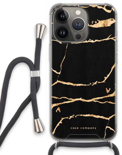 Case Company® - Hoesje met koord geschikt voor iPhone 13 Pro hoesje met Koord - Gouden marmer - Telefoonhoesje met Zwart Koord - Bescherming aan alle Kanten en Over de Schermrand