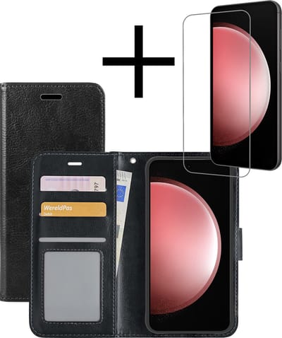 Hoesje - Met Screenprotector - Geschikt voor Samsung Galaxy S23 FE - Luxe Pasjeshouder - Bookcase Portemonee - Flip Case - Kunstleer Book Case - Flipcase - Book Cover - Walletcase - Portemonneehoes - Zwart