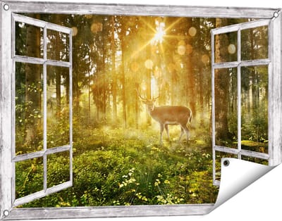 Gards Tuinposter Doorkijk Hert in Bos met Zon - 90x60 cm - Tuindoek - Tuindecoratie - Wanddecoratie buiten - Tuinschilderij