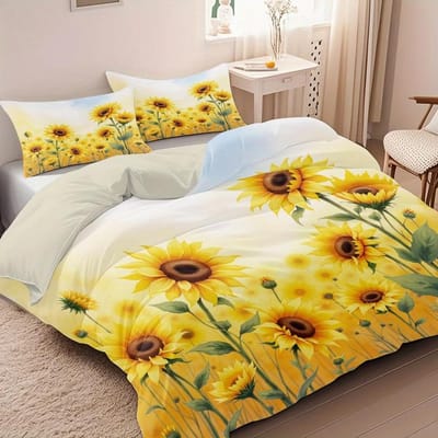 3-delige Quiltset met Print van Zonnebloemveld- Inclusief 1 Dekbedovertrek en 2 Kussenslopen (zonder Vulmiddel) 135x200cm yellow