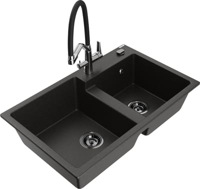 Mexen Tomas granieten spoelbak met 2 kamers en keukenkraan Duo, zwart/gouden metallic - 6516-75-671701-07-B