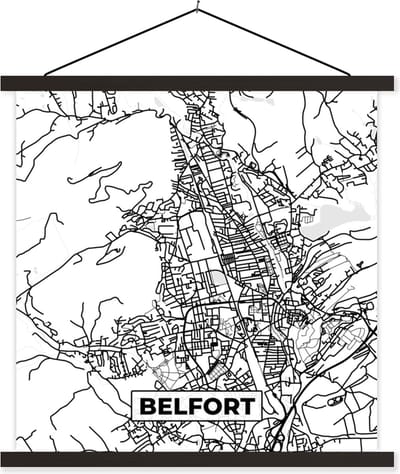 Posterhanger incl. Poster 60x60 cm - Schoolplaat - Kaart - Frankrijk - Stadskaart - Plattegrond - Belfort - Zwart wit - Textielposter - Zwarte latten - Stadskaart