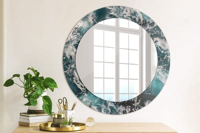 Wallfluent Bedrukte Ronde Spiegel - Ronde Wandspiegel Met Print Stormachtige Zee - 60 cm / 46 cm - Blauw - Blauw Ronde Wandspiegel Decoratieve Print - Slaapkamerspiegel - Badkamerspiegel - Gang - Kleedkamer - Spiegel Met Haken