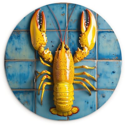 WallCircle® Wandcirkel 30x30 cm - Muurcirkel Kreeft - Geel - Blauw - Tegels - Muurdecoratie woonkamer - Wanddecoratie keuken - Kamer decoratie accessoires - Ronde schilderijen