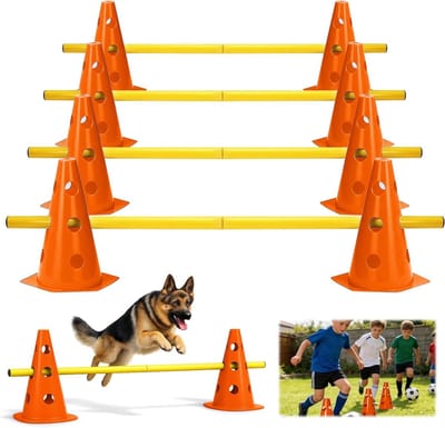 10 Kegels en 5 Stangen in Hoogte Verstelbare Agility Obstakels voor Hondensport en Voetbaltraining, Ideale Trainingsset voor Kinderen, Honden en Paarden, 23 cm Hoog, Veelzijdige Sportaccessoires