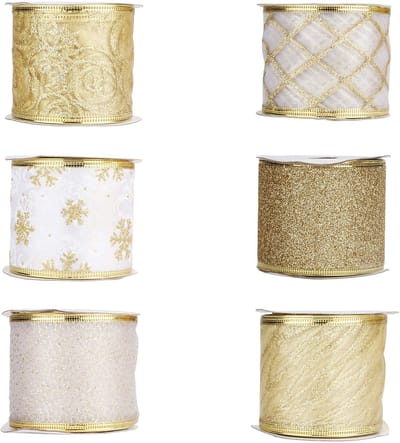 Unyqoos ® Feestelijke Decoratielintenset voor Kerst - 6 Rollen Goudkleurige Chiffon en Organza Linten