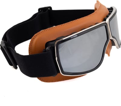 KIMU® Goggles Motorbril Skibril - Bril Cognacbruin Montuur - Zilveren Spiegelglazen - Leatherlook Pilotenbril Vintage Motor Retro Steampunk Lederen Heren Festival