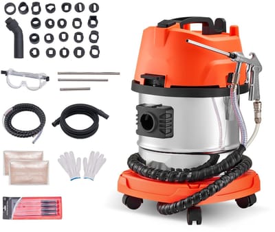 Walnootstraalunit - Mobiele zandstraalmachine - 13 L Reservoir - 1200 W - Ontkolen inlaatspruitstukken en kleppen - Incl. 2,5 kg walnootschil straalmiddel - 23 adapters