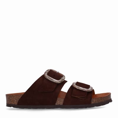 Manfield - Dames - Bruine suède slippers met gesp - Maat 36